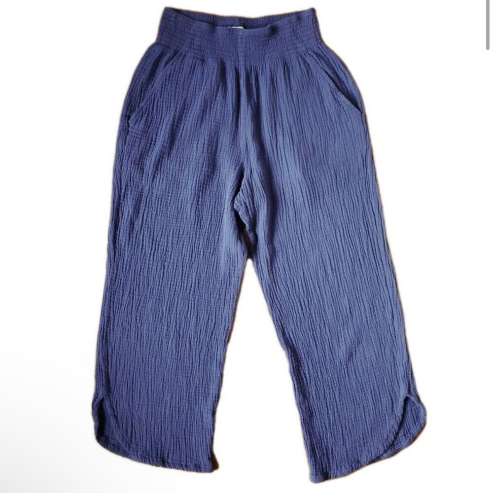Marine Layer Gauze Pants Sz L Blue Indigo Wide Leg Resort Crop Pockets Cotton